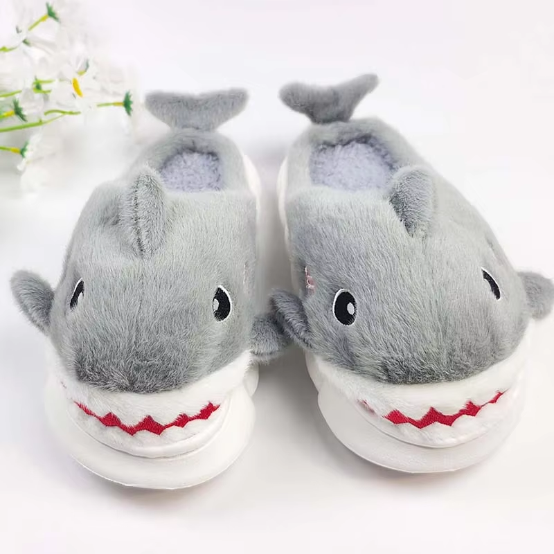 AM Cartoon Warm Winter Home Indoor Closed Heel Non-Slip Dinosaur Shark Animal Plush Round Toe Faux Fur Upper PVC Outsole Shoes