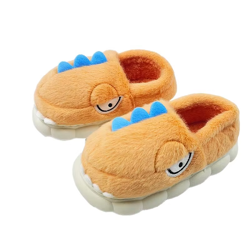 AM Cartoon Warm Winter Home Indoor Closed Heel Non-Slip Dinosaur Shark Animal Plush Round Toe Faux Fur Upper PVC Outsole Shoes