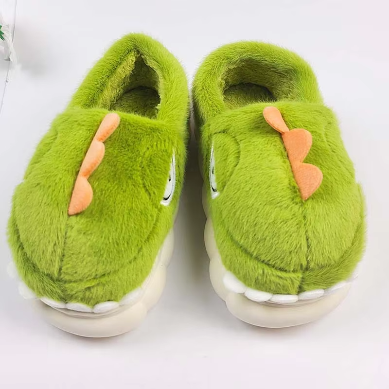 AM Cartoon Warm Winter Home Indoor Closed Heel Non-Slip Dinosaur Shark Animal Plush Round Toe Faux Fur Upper PVC Outsole Shoes