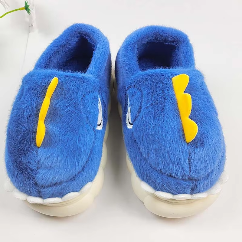 AM Cartoon Warm Winter Home Indoor Closed Heel Non-Slip Dinosaur Shark Animal Plush Round Toe Faux Fur Upper PVC Outsole Shoes