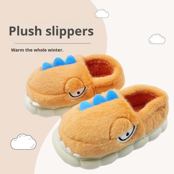 AM Cartoon Warm Winter Home Indoor Closed Heel Non-Slip Dinosaur Shark Animal Plush Round Toe Faux Fur Upper PVC Outsole Shoes