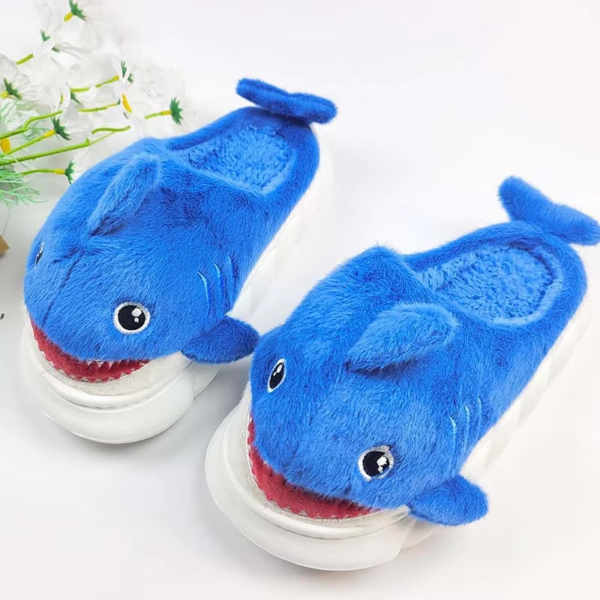 AM Cartoon Warm Winter Home Indoor Closed Heel Non-Slip Dinosaur Shark Animal Plush Round Toe Faux Fur Upper PVC Outsole Shoes