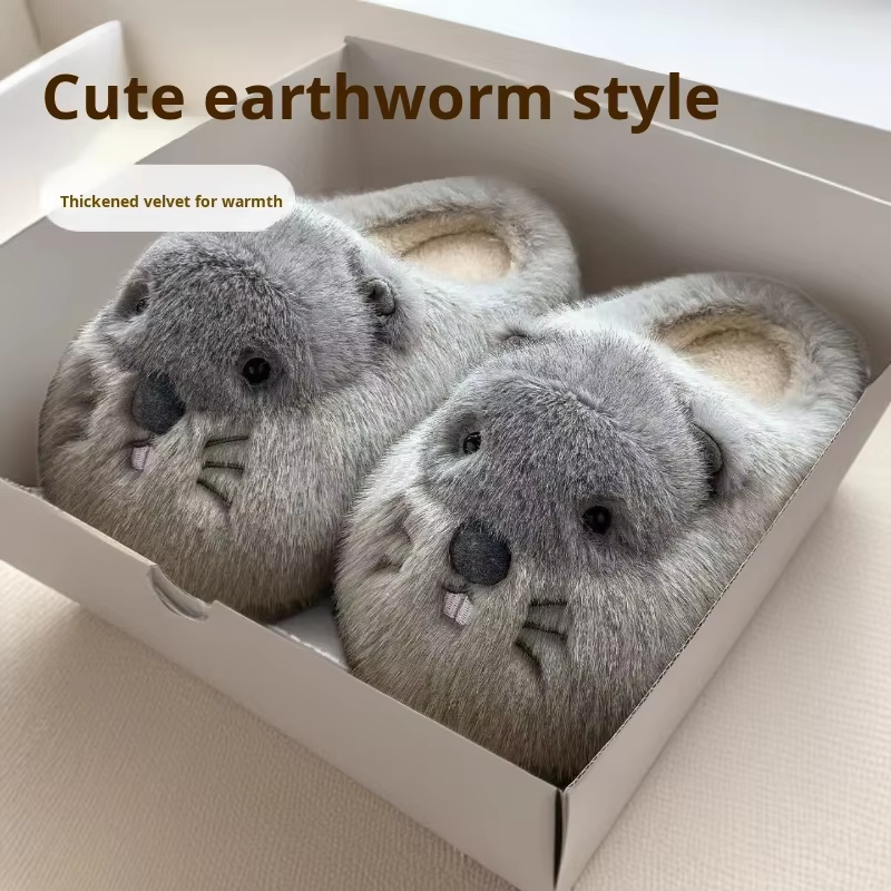 Soft Cute Groundhog 3D Winter Breathable Plush Home Couple Style Non-Slip Fur Upper