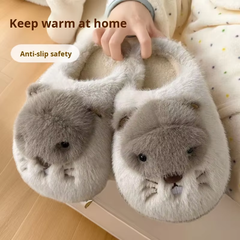 Soft Cute Groundhog 3D Winter Breathable Plush Home Couple Style Non-Slip Fur Upper