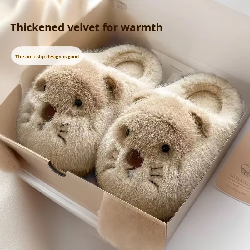 Soft Cute Groundhog 3D Winter Breathable Plush Home Couple Style Non-Slip Fur Upper