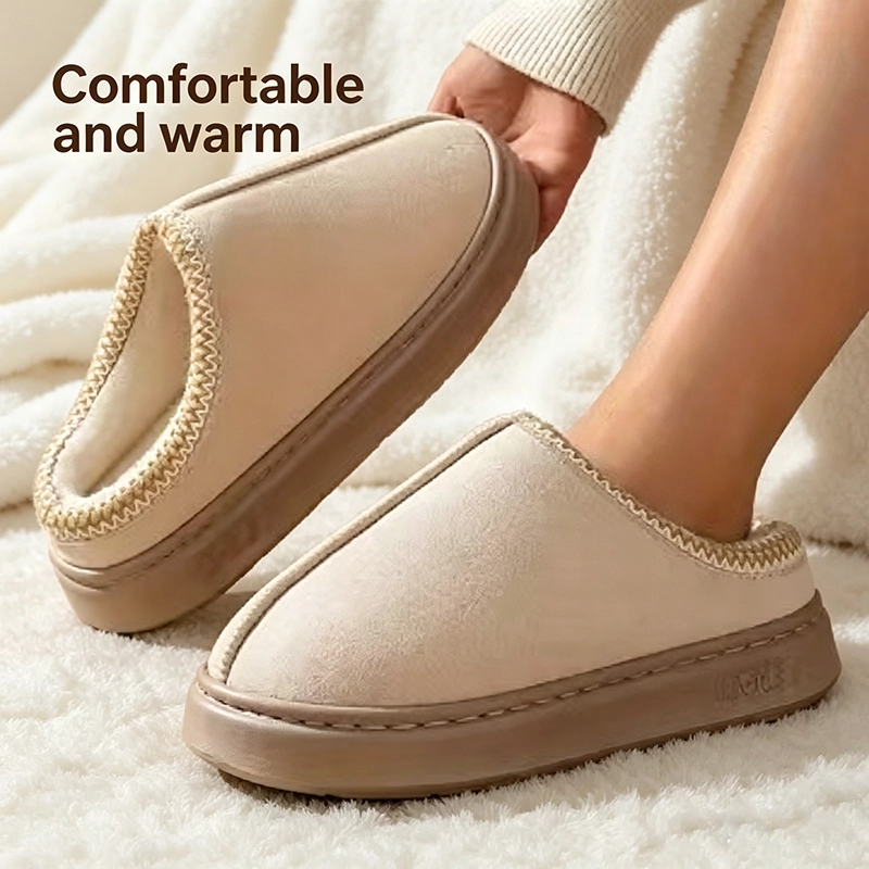 Leather-textured cotton slippers for home use, featuring anti-slip thick soles.