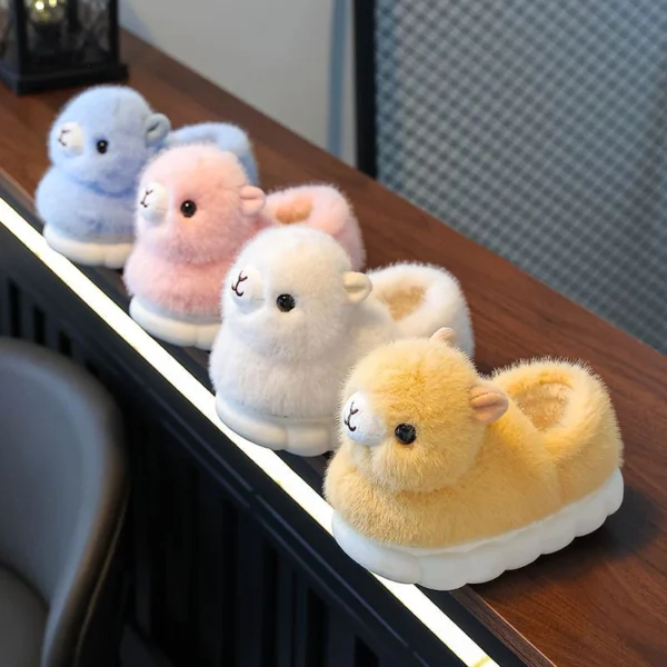 Cute Alpaca Closed Heel Slippers for Kids, Fluffy Winter Cartoon Animal Home Shoes