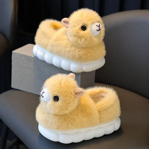 Cute Alpaca Closed Heel Slippers for Kids, Fluffy Winter Cartoon Animal Home Shoes