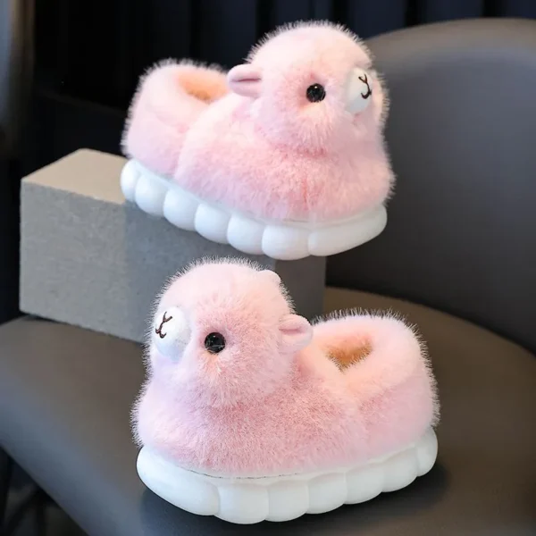 Cute Alpaca Closed Heel Slippers for Kids, Fluffy Winter Cartoon Animal Home Shoes