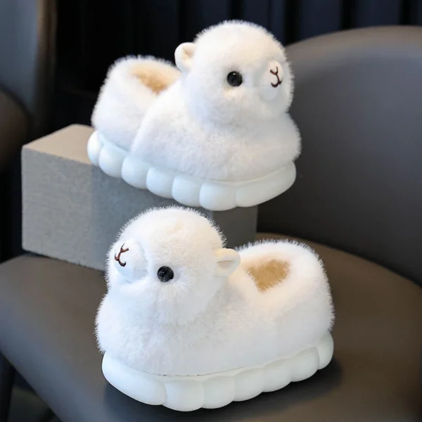 Cute Alpaca Closed Heel Slippers for Kids, Fluffy Winter Cartoon Animal Home Shoes
