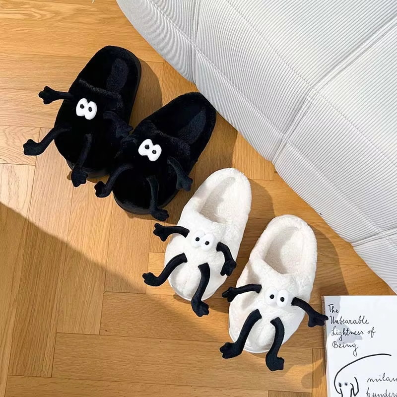 Cute Quirky Coal Ball Couple Autumn Indoor Warm Thick Sole Non-Slip Fur Upper EVA Midsole PVC Outsole Toe Plush Black White