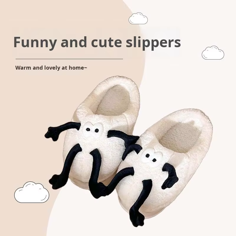 Cute Quirky Coal Ball Couple Autumn Indoor Warm Thick Sole Non-Slip Fur Upper EVA Midsole PVC Outsole Toe Plush Black White