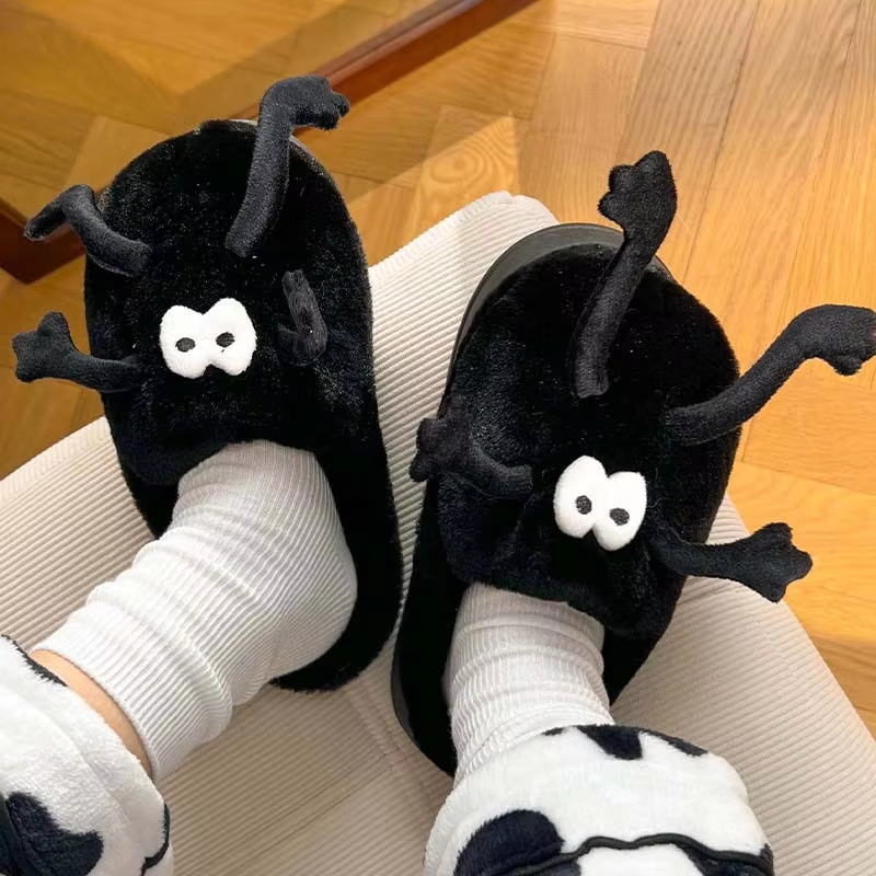 Cute Quirky Coal Ball Couple Autumn Indoor Warm Thick Sole Non-Slip Fur Upper EVA Midsole PVC Outsole Toe Plush Black White