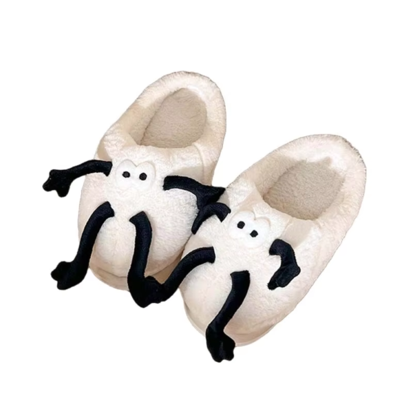 Cute Quirky Coal Ball Couple Autumn Indoor Warm Thick Sole Non-Slip Fur Upper EVA Midsole PVC Outsole Toe Plush Black White