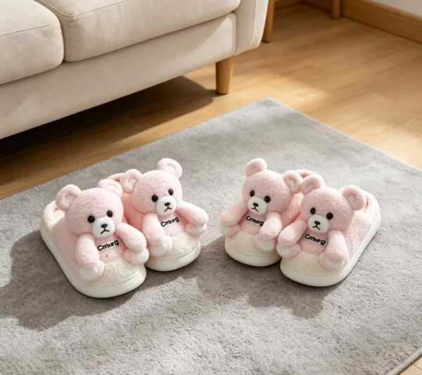 Pink bear cotton slippers