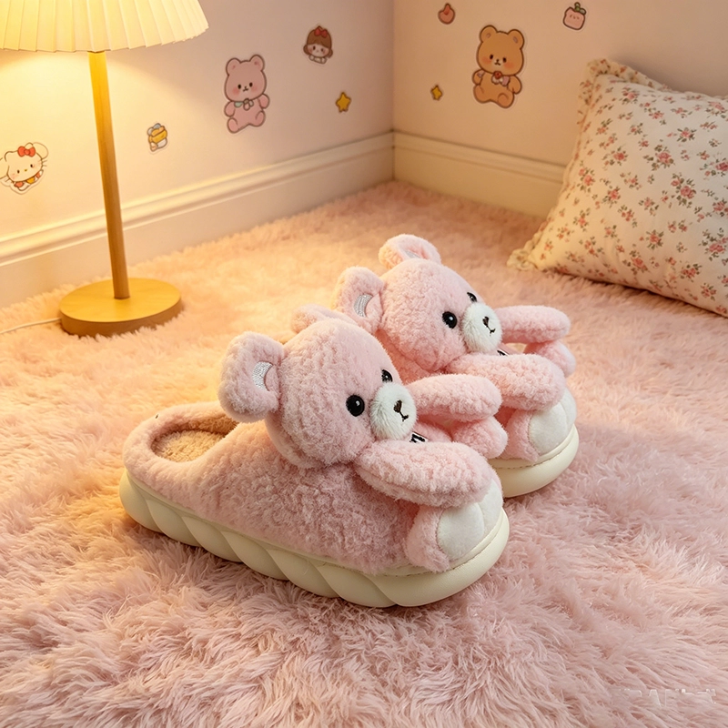 Pink bear cotton slippers