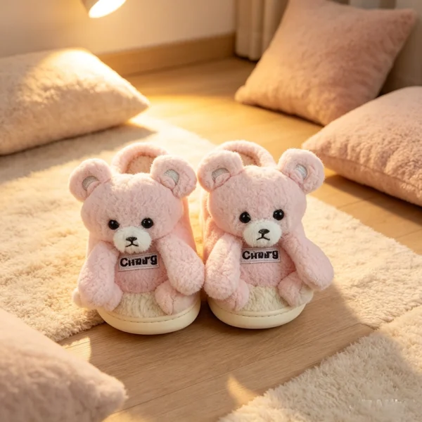 Pink bear cotton slippers