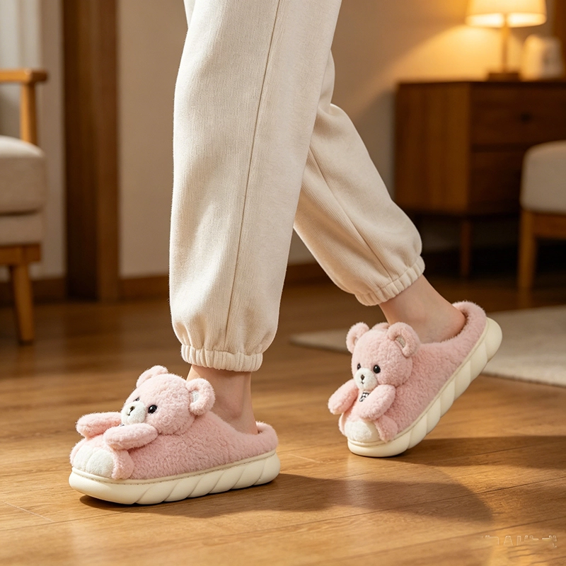 Pink bear cotton slippers
