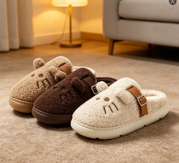 Autumn and Winter Cartoon Cat Plush Slippers with Fleece Lining
