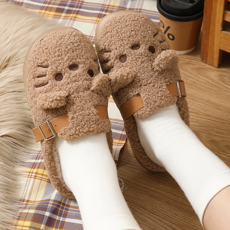 Autumn and Winter Cartoon Cat Plush Slippers with Fleece Lining
