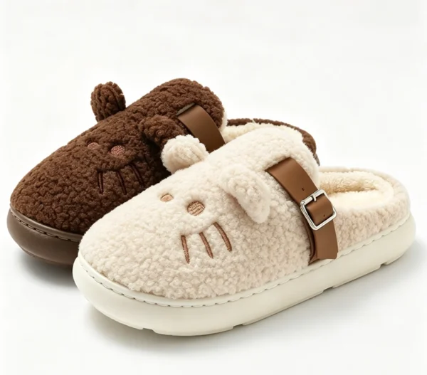 Autumn and Winter Cartoon Cat Plush Slippers with Fleece Lining