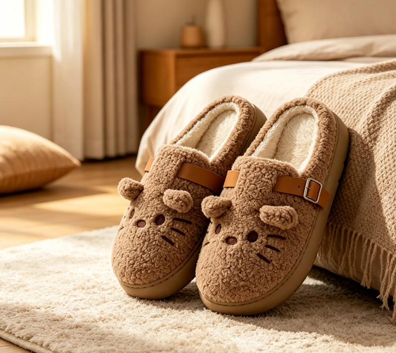Autumn and Winter Cartoon Cat Plush Slippers with Fleece Lining